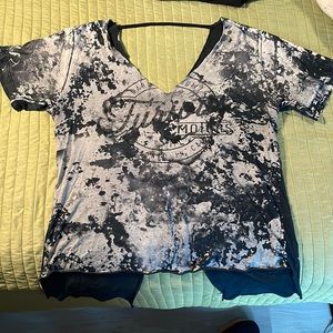 Affliction splatter paint design t-shirt with front and back deep V in size L.